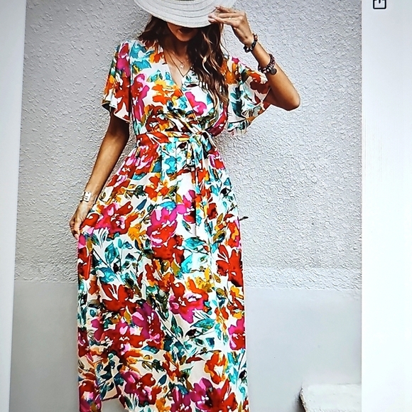New CCTOO Colorful V Neck Short Sleeve Flowy Maxi Dress w Side Slit & Belt XL - Picture 2 of 14